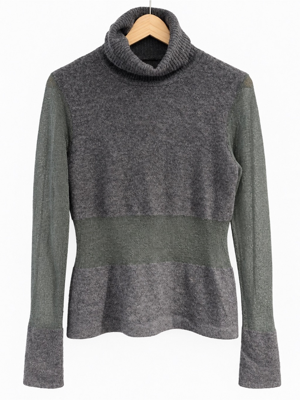 DKNY Gray Wool Blend Turtleneck Sweater Sheer Sleeves Size M